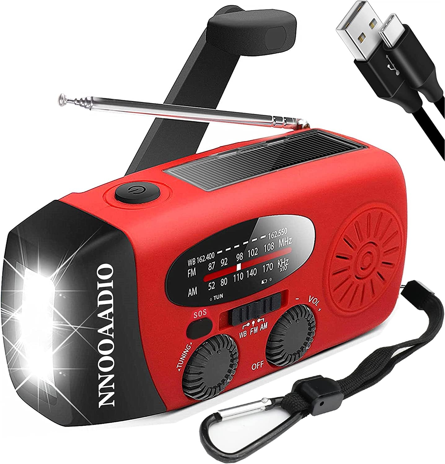 2000Mah SOS Alarm Emergency Weather Radio, 3LED Type-C Hand Crank Solar Battery Operated Wind up Radio Flashlight, NOAA AM FM Portable Radio Cell Phone Charger Survival Kit (Red)