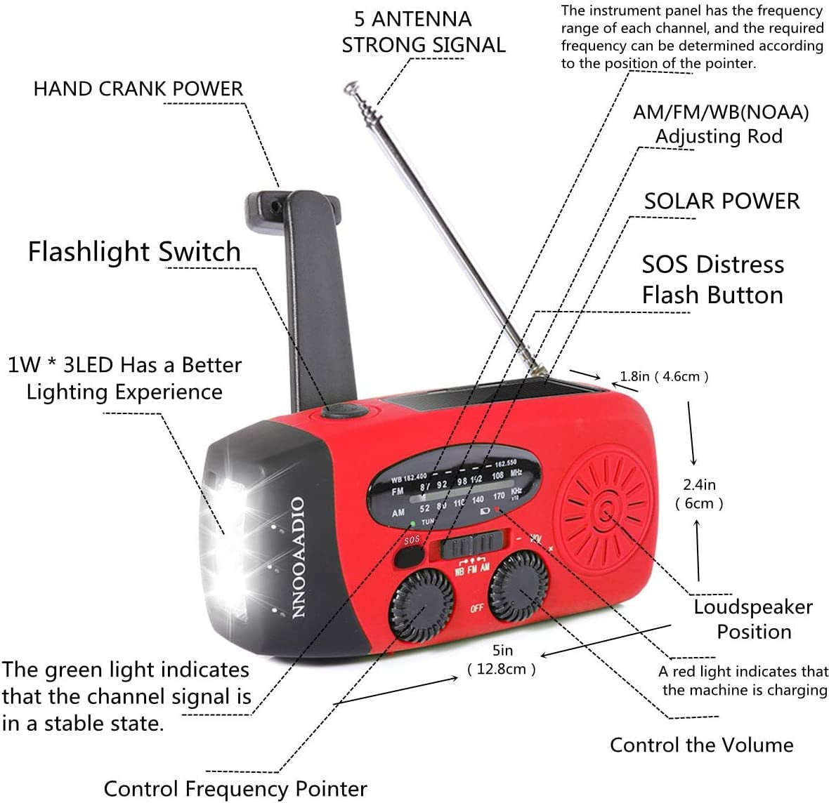 2000Mah SOS Alarm Emergency Weather Radio, 3LED Type-C Hand Crank Solar Battery Operated Wind up Radio Flashlight, NOAA AM FM Portable Radio Cell Phone Charger Survival Kit (Red)